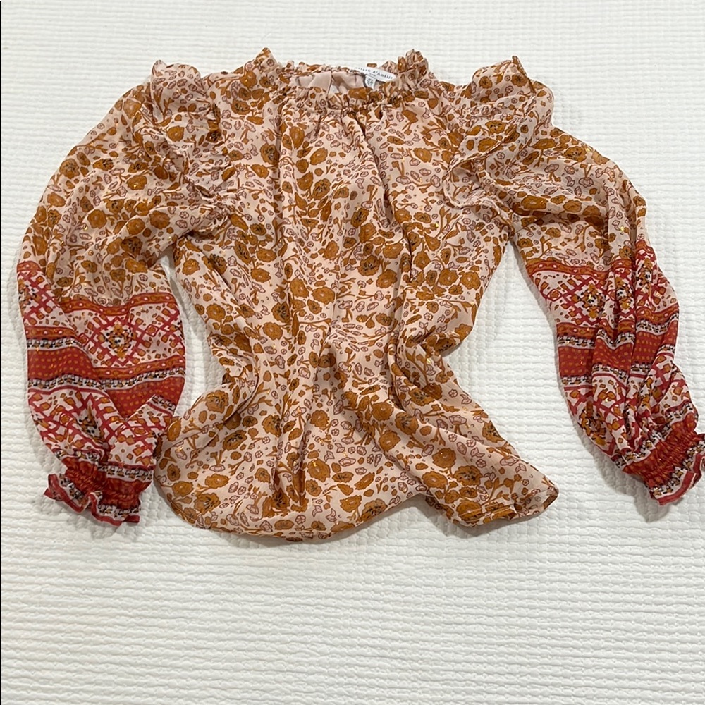 Maison D’Amelie blouse small Brown and Red Ruffled Smocked Long Sleeve romantic